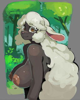 anthro areola big_breasts breasts brown_areola brown_nipples crossgender female fur grey_body grey_fur hair long_hair looking_at_viewer mtf_crossgender nipples nude nude_anthro nude_female solo white_hair yellow_eyes murlbius tsukareta-inu_no_anime hitsuji-kun_(tsukareta-inu_no_anime) bovid caprine mammal sheep 2025 hi_res