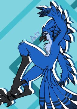 anthro avian_feet beak blue_body feathers feet looking_at_viewer male open_beak open_mouth simple_background smile solo tail tail_feathers talons toes jolyn_foxxo avian bird blue_jay corvid jay_(bird) new_world_jay oscine passerine digital_media_(artwork) hi_res
