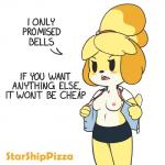 1:1 animal_crossing anthro bell blush blush_stickers breasts canid canine canis clothed clothing domestic_dog english_text female flashing fur hair hi_res isabelle_(animal_crossing) mammal nintendo nipples shih_tzu solo starshippizza text toy_dog white_body white_fur yellow_body yellow_fur