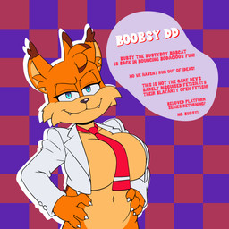 accessory anthro big_breasts blue_eyes breasts cheek_tuft clothing crossgender facial_tuft featureless_breasts female fur hair huge_breasts looking_at_viewer mtf_crossgender necktie orange_body orange_fur orange_hair red_necktie shirt solo text topwear tuft white_clothing white_shirt white_topwear iggy_bomb bubsy_(series) bubsy_4d bubsy_bobcat bobcat felid feline lynx mammal 1:1 2025 absurd_res english_text hi_res