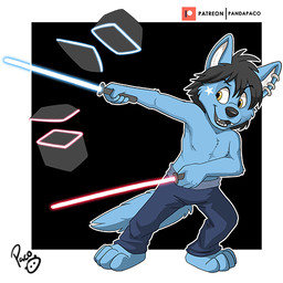 anthro barefoot black_background black_hair black_nose blue_body blue_bottomwear blue_clothing blue_fur blue_pants bottomwear clothed clothing ear_piercing ear_ring feet front_view fur glistening glistening_eyes hair holding_lightsaber male markings messy_hair open_mouth open_smile pants piercing ring_piercing short_hair simple_background smile solo standing star_(marking) topless white_markings yellow_eyes young young_anthro young_male pandapaco sepfy canid canine canis mammal wolf 1:1