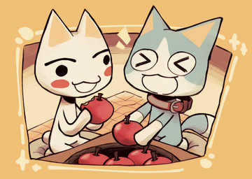 :3 :d >_< anthro apple blue_body blue_fur chibi collar countershade_face countershading dipstick_tail duo eating eyes_closed floor food fruit fur happy holding_object kneeling male markings multicolored_body multicolored_fur multicolored_tail plant rosy_cheeks simple_eyes small_tail smile tail tail_markings toony two_tone_body two_tone_fur white_body white_fur yellow_inner_ear jaquin_s doko_demo_issho sony_corporation sony_interactive_entertainment sora toro_inoue domestic_cat felid feline felis mammal 2020 warm_colors