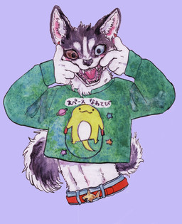 ambiguous_gender anthro belt blue_eyes brown_eyes clothed clothing fur gesture hand_gesture heterochromia looking_at_viewer open_mouth shirt simple_background smile solo sweater tail teeth text topwear white_body white_fur kyokyota canid canine canis domestic_dog husky mammal nordic_sled_dog spitz 2018 hi_res japanese_text painting_(artwork) traditional_media_(artwork) watercolor_(artwork)