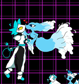 anthro blue_body blush blush_stickers eyelashes female female/female group heart_symbol kissing long_eyelashes water white_body ik0399231269910 deltarune undertale_(series) miss_mizzle tasque_manager darkner elemental_creature felid mammal mizzle_(deltarune) tasque water_creature hi_res
