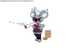 anthro big_ears big_nose cigarette cigarette_in_mouth claws eucalyptus fangs female fur grey_body grey_fur hair leaf object_in_mouth paper_bag red_eyes short_stack simple_background smiley_face smoke smoking solo teeth text toe_claws white_hair the_cartoon_love margareta_demonica_grey_the_koala_(the_cartoon_love) koala mammal marsupial vombatiform absurd_res character_name digital_drawing_(artwork) digital_media_(artwork) hi_res