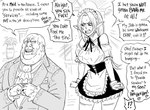 2022 baalbuddy clothed clothing comic duo elf english_text female flower hair hi_res human humanoid humanoid_pointy_ears humor long_hair maid_uniform male mammal monochrome not_furry open_mouth open_smile overweight overweight_human overweight_male plant pointy_ears profanity smile text ugly_bastard uniform