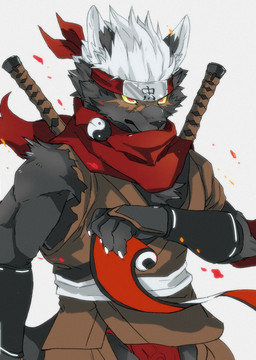 accessory anthro asian_clothing bottomwear chest_tuft clothing crotchless_bottomwear crotchless_clothing crotchless_pants east_asian_clothing fundoshi hair headband japanese_clothing male melee_weapon pants red_eyes scarf scroll solo sword tuft underwear weapon white_hair yellow_sclera yin_yang ao_gravity lifewonders tokyo_afterschool_summoners tadatomo_(tas) canid canine canis domestic_dog mammal