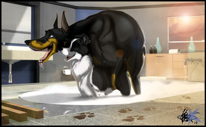 ambiguous_gender ambiguous_penetrated bath bathroom bathtub detailed_background dirt dirty duo ear_piercing eye_roll feral feral_on_feral feral_penetrated feral_penetrating feral_penetrating_feral footprint looking_pleasured male male/ambiguous male_penetrating male_penetrating_ambiguous mirror pawprint penetration piercing sex sink size_difference smaller_penetrated soap toilet_paper tongue tongue_out toony towel water klaus_doberman klaus_doberman_(character) border_collie canid canine canis collie domestic_dog herding_dog mammal pastoral_dog sheepdog 2012
