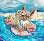 ambiguous_gender beach bodily_fluids drooling eyewear featureless_crotch feet foot_focus glasses glistening glistening_body inflatable light messy open_mouth pawpads paws pool_toy saliva smile solo sunlight water latexm4n nintendo pokemon eevee eeveelution generation_1_pokemon pokemon_(species) hi_res