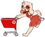 anthro barefoot belt blush blush_lines clothed clothing collar dress eyelashes eyes_closed facial_markings feet female fingers floppy_ears fully_clothed fur head_markings markings mascot open_mouth pawpads raised_tail red_body red_clothing red_collar red_dress red_fur red_markings red_nose red_pawpads running shopping_cart side_view simple_background small_waist snout solo tail tan_body tan_fur toes white_background white_belt bobbipup target_corporation spot_(jayrnski) bird_dog canid canine canis domestic_dog hunting_dog mammal spaniel 2024 cel_shading digital_media_(artwork) hi_res shaded