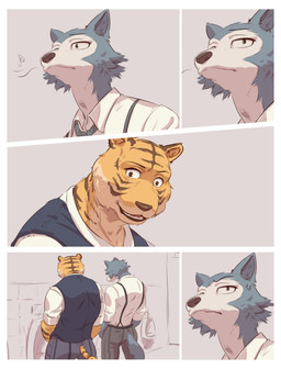 annoyed anthro bathroom biped bottomwear brown_body brown_fur clothed clothed_anthro clothed_male clothing cross-popping_vein duo frown fur furgonomic_bottomwear furgonomics grey_body grey_fur inside looking_at_another male markings necktie open_mouth orange_body orange_fur pants striped_markings stripes tail topwear uniform urinal urinal_peeking vest whistling white_body white_fur sadness_hao beastars bill_(beastars) legoshi_(beastars) canid canine canis felid mammal pantherine tiger wolf absurd_res colored comic hi_res shaded