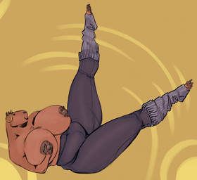 anthro big_breasts breasts brown_body brown_fur clothed clothing curvy_figure ear_hoop exercise female fur hand_on_breast holding_breast huge_breasts legs_up long_legs nipples slightly_chubby smile solo thick_thighs topless voluptuous voluptuous_female workout twistedteeth capybara caviid mammal rodent