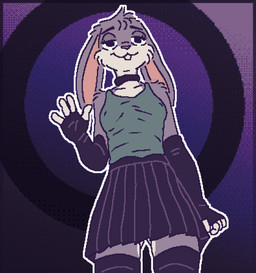 abstract_background anthro armwear biped bottomwear choker clothed clothing female female_anthro fingerless_gloves front_view gesture gloves green_clothing green_topwear handwear jewelry legwear looking_at_viewer low-angle_view necklace nipple_outline outline pose simple_background skirt smile solo standing sweater thigh_highs topwear waving ircluzar violet_bunny lagomorph leporid mammal rabbit colored digital_media_(artwork) hi_res pixel_(artwork) portrait shaded