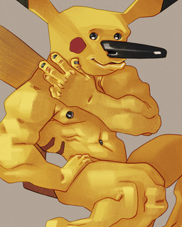 abs anthro beady_eyes black_eyes black_navel black_nipples black_nose blush long_nose male muscular muscular_arms muscular_male nipples nude_male pecs pose red_cheeks shy simple_background sitting smile solo unusual_anatomy yellow_body yellow_skin ravuer nintendo pokemon generation_1_pokemon pikachu pokemon_(species) absurd_res hi_res pinup