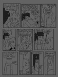 3:4 anthro black_hair clothed clothing comic dialogue digital_media_(artwork) door ear_piercing ear_ring english_text eyelashes group hair hi_res kitiroshi long_hair machine male monochrome piercing ring_piercing robot text trio