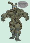 anthro dialogue machine male muscular muscular_male nipples oblivious pecs solo text transformation walking withered tiburalgo five_nights_at_freddy's five_nights_at_freddy's:_security_breach five_nights_at_freddy's_3 scottgames steel_wool_studios glamrock_freddy springtrap_(fnaf) robot english_text hi_res