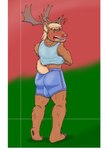 anthro antlers blue_clothing blue_eyes blush bodily_fluids bottomwear brown_body brown_fur bulge butt clothing embarrassed exclamation_point fur fur_tuft furgonomic_bottomwear furgonomics horn inner_ear_fluff looking_at_viewer male open_mouth pawpads red_nose shirt simple_background solo sweat sweatdrop tail tank_top topwear tuft underwear undressing assassinfenrir lifewonders tokyo_afterschool_summoners yule_(tas) deer mammal new_world_deer reindeer colored digital_media_(artwork) hi_res shaded