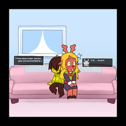 ambiguous_gender anthro antlers black_border blush border clothed clothing duo female freckles furniture horn sofa text pettankon deltarune undertale_(series) kris_dreemurr noelle_holiday deer human mammal new_world_deer reindeer 1:1 english_text hi_res