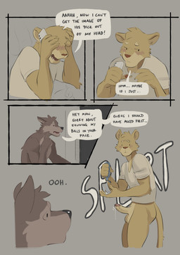 anthro balls blush bodily_fluids caught clothing duo electronics embarrassed erection foreskin genital_fluids genitals glans grey_background humanoid_genitalia humanoid_penis lube male male/male nude_anthro nude_male penis phone precum shirt simple_background suggestive tail text topwear kaynine canid canine canis cougar felid feline mammal wolf absurd_res comic english_text hi_res