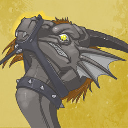 ambiguous_form angry anthro bdsm bondage bound clenched_teeth collar frill_(anatomy) glare grey_body grey_scales hair horn leash leather looking_down male muzzle_(object) orange_hair scales simple_background snarling snout solo spiked_collar spikes teeth yellow_eyes spiritraptor mythology xana_(xana019) dragon mythological_creature mythological_scalie scalie 1:1 icon