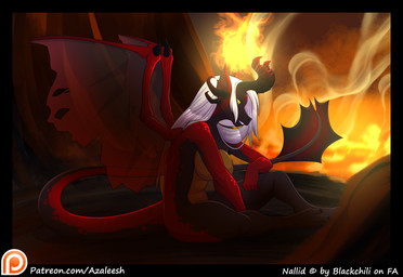anthro biped black_body black_scales breasts digitigrade female fire hair hell horn long_tail looking_at_viewer non-mammal_breasts nude red_body red_scales scales sitting solo tail text white_hair wings yellow_eyes azaleesh mythology nallid demon dragon mythological_creature mythological_scalie scalie url