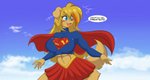 abs anthro big_breasts blonde_hair blue_eyes breasts clothing cloud cosplay costume female hair long_hair midriff open_mouth sky solo superhero superhero_costume mastergodai rascals super_girl superman_(series) yuriko_(mastergodai) canid canine canis domestic_dog mammal