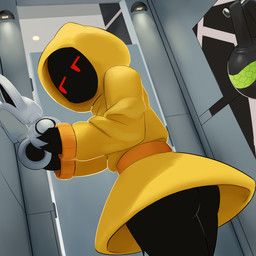 ambiguous_gender black_body clothing coat detailed_background electronics fitting_room headgear headphones headset not_furry raincoat red_eyes solo topwear yellow_clothing ozoneserpent mimi_(vmimi) humanoid shadow_creature 1:1 2025 hi_res female_(lore)