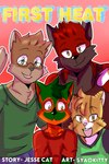 2020 2:3 absurd_res age_difference anthro artist_name blaze_wolf cheek_tuft chest_tuft clothed clothing comic digital_media_(artwork) english_text eyewear facial_tuft felid fur glasses green_clothing group hi_res jesse_cat larger_male looking_at_viewer looking_down magma_wolf male mammal multicolored_body multicolored_fur older_male red_clothing shaded simple_background size_difference smaller_male syaokitty tenyo_cat text tuft two_tone_body two_tone_fur young young_anthro young_male younger_male