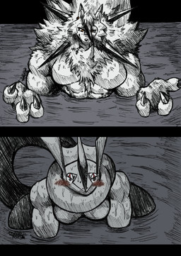 abs amber_eyes anthro barazoku black_claws blush claws clothed clothing dipstick_ears duo ear_markings ear_piercing fingers first_person_view fluffy fur gesture hair looking_at_viewer male male_anthro multicolored_ears muscular muscular_anthro muscular_male muscular_thighs navel neck_tuft pecs piercing pool pose simple_background smile spiky_hair spread_arms tail topless tuft water wet wet_body jwbash chainsaw_man game_freak i'll_teach_you_everything_(chainsaw_man) nintendo pokemon kyoto_rex canid canine dusk_lycanroc generation_6_pokemon generation_7_pokemon greninja lycanroc mammal pokemon_(species) 2025 absurd_res hatching_(art) hi_res meme shaded watermark