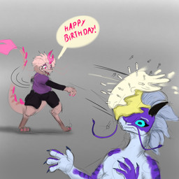 anthro birthday bottomwear cake clothed clothing dessert digitigrade duo food horn male shirt shorts throwing_object topwear whiskers vissiny15 disney mythology raya_and_the_last_dragon cosmic_(twilightv0ids) vissiny_(vissiny15) dragon eastern_dragon mythological_creature mythological_scalie scalie 1:1 hi_res