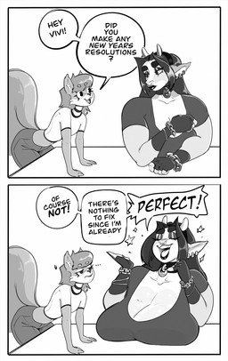 big_breasts bottomwear breasts chain_jewelry choker cleavage clothed clothing comic_panel denim denim_bottomwear denim_clothing dialogue duo ear_piercing ear_ring facial_piercing female fingerless_gloves gloves handwear horn huge_breasts jeans jewelry midriff necklace nose_piercing nose_ring pants piercing ring_piercing shirt t-shirt text tight_clothing topwear bigoldoinks new_year_2026 berri_(bigoldoinks) vivian_angustein ambiguous_species bovid bovine cattle holstein_friesian_cattle mammal comic english_text hi_res monochrome