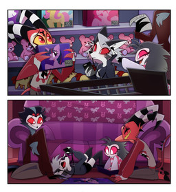 2_panel_comic 4_eyes adolescent alternate_timeline alternate_universe beak bedding black_beak blanket blush bottomwear canon_couple chest_tuft cleavage_cutout clothing crescent_moon cutout earbuds electronics eyes_closed feather_hair feather_tuft feathers female fingerless_gloves frown fur furniture gloves glowing_pupils grey_body grey_feathers grey_fur group half-closed_eyes handwear headphones heart_(marking) heart_eyes heart_symbol holding_object holding_phone horn inside jigsaw_puzzle legwear listening_to_music living_room lying male male/male markings moon moon_symbol multi_eye multicolored_body narrowed_eyes on_back open_mouth open_smile pants paper phone pillow pink_sclera plushie pseudo_hair puzzle red_body red_eyes red_sclera sharp_teeth shelf shirt shopping shopping_cart shorts sitting smile sofa star_symbol stockings store striped_horn stripes sweater tail teddy_bear teeth text tongue toothy_grin topwear tuft white_eyes yellow_sclera yellow_teeth young young_female stolitzkiss friendship_is_magic hasbro hellaverse helluva_boss my_little_pony mythology blitzo_(helluva_boss) fluttershy_(mlp) loona_(helluva_boss) octavia_(helluva_boss) pinkie_pie_(mlp) rarity_(mlp) stolas_(helluva_boss) twilight_sparkle_(mlp) animal_humanoid avian avian_humanoid bird bird_humanoid canid canid_demon canid_humanoid canine demon demon_humanoid hellhound horned_humanoid humanoid imp mammal mammal_humanoid mythological_canine mythological_creature owl owl_demon owl_humanoid comic english_text hi_res adopted_(lore) daughter_(lore) father_(lore) father_and_child_(lore) father_and_daughter_(lore) parent_(lore) parent_and_child_(lore) parent_and_daughter_(lore)