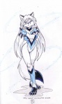 anthro blue_eyes claws clothed clothing eyebrows eyelashes female footwear fur hair legwear looking_at_viewer simple_background socks solo tail text toeless_footwear toeless_socks white_background white_body white_fur white_hair max_blackrabbit extinctioners artica_lagopus canid canine fox mammal 2002 english_text hi_res traditional_media_(artwork) watermark