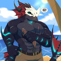 5_fingers abs angry anthro arm_scar beach belt biceps black_body blood blue_claws blue_glow bodily_fluids bone bone_mask bottomwear chest_scar claws clothed clothing cloud facial_scar fin fingers frill_(anatomy) gills head_crest head_fin head_frill holding_fish horn logo male mask muscular muscular_anthro muscular_arms muscular_male outside palm_tree pecs plant red_frill scar sea skull skull_mask sky solo speech_bubble sun tail tail_fin topless topless_anthro topless_male tree water wet wet_body citsy_404 mythology morgus_orville aquatic aquatic_dragon dragon mythological_creature mythological_scalie scalie 1:1 artist_logo digital_media_(artwork) hi_res