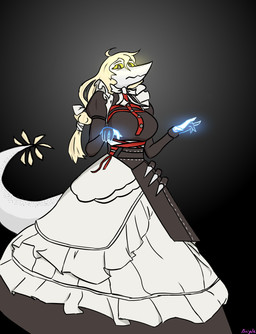 alternate_costume anthro big_breasts biped blonde_hair breasts clothed clothed_anthro clothed_female clothing dress female fingers freckled_face freckled_tail freckles gradient_background grey_background grey_eyes hair humanoid_hands long_hair long_tail looking_at_viewer looking_down low-angle_view non-mammal_breasts scales simple_background solo standing tail text white_body white_scales yellow_sclera bicycle_(artist) cavemanon_studios mihoyo puppet_pals snoot_game zenless_zone_zero alexandrina_sebastiane judee dinosaur prehistoric_species reptile saurischian scalie theropod troodon troodontid absurd_res artist_name colored full-length_portrait hi_res portrait