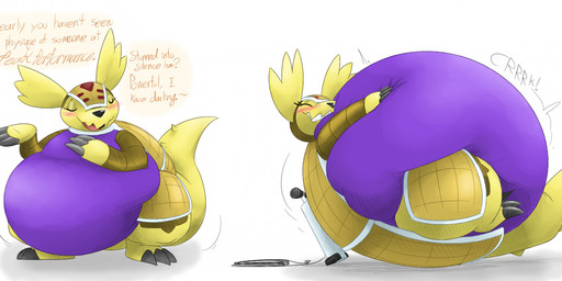 anthro belly big_belly claws female huge_belly inflation overweight pump shell simple_background solo text thick_thighs white_background nightmarebros thatoneaceguy bandai_namco digimon armadillomon digimon_(species) 2025 english_text hi_res