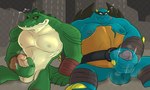 anthro balls blue_balls blue_body clothed clothed_anthro clothed_male clothing crocodile crocodilian crocodylid duo erection genitals glans green_body group_masturbation haxsmack hi_res humanoid_genitalia humanoid_penis leatherhead male masturbation nipples nude nude_anthro nude_male penile penile_masturbation penis reptile scalie slash_(tmnt) spike_(tmnt) teenage_mutant_ninja_turtles teeth turtle vein veiny_penis