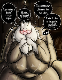 anthro big_breasts blush bodily_fluids breasts chair clothing dialogue dress eyes_closed eyewear female furniture glasses heart_symbol horn huge_breasts long_ears nervous nervous_sweat nipples_visible_through_clothing offscreen_character shy sitting solo speech_bubble sweat text kojoarts undertale_(series) toriel boss_monster_(undertale) bovid caprine goat mammal absurd_res english_text hi_res monochrome