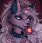 anthro blonde_hair bodily_fluids candy collar dessert female food hair licking lollipop saliva solo tongue white_eyes seanyleas helluva_boss mythology loona_(helluva_boss) canid canid_demon canine canis demon hellhound mammal mythological_canine mythological_creature absurd_res hi_res portrait