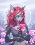 anthro black_nose blue_clothing blue_eyes blue_topwear cheek_tuft clothed clothing eyelashes facial_tuft female flower fur grey_body grey_fur hair holding_flower holding_object looking_down narrowed_eyes navel peony_(flower) pink_flower plant red_hair solo striped_arms topwear tuft marie_merkh felid mammal half-length_portrait hi_res portrait signature