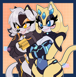 amber_eyes anthro blonde_hair blue_eyes cleavage_cutout clothing cutout dress duo female gatling_gun gloves gun gun_arm hair handwear machine_gun minigun multicolored_body partially_clothed_anthro partially_clothed_female ranged_weapon short_hair smile tail two_tone_body weapon weapon_arm white_body white_hair white_tail yellow_body yellow_tail gigihedgie domestic_cat felid feline felis mammal absurd_res hi_res signature