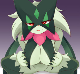 anthro bedroom_eyes big_breasts breast_curtains breasts female fur gradient_background green_body green_fur hand_on_breast hanging_breasts looking_at_viewer narrowed_eyes pupils red_eyes seductive simple_background slit_pupils solo straddling ayatori nintendo pokemon felid feline generation_9_pokemon mammal meowscarada pokemon_(species) hi_res