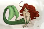 4_fingers arm_support big_fin big_hair big_tail breasts clothed clothing collarbone curled_tail eyebrows female fin fingernails fingers fish_tail green_body green_fin green_scales green_tail hair human_torso legless long_hair lying mermaid_tail nails nipples nude nude_female on_front red_hair scales simple_background small_breasts small_nipples smile solo split_form straight_arm straight_arms tail tail_fin topless topless_female themushman humanoid_merfolk marine merfolk 2017 guide_lines signature