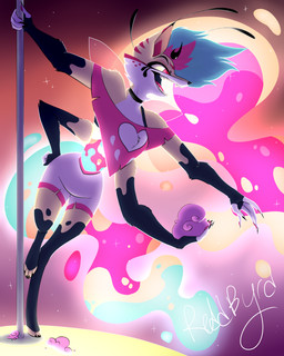4_arms anthro bottomwear candy clothing cotton_candy dessert female fingers fire food multi_arm multi_limb pole sharp_teeth shorts solo teeth wings reddbyrd hellaverse helluva_boss queen_bee-lzebub_(helluva_boss) arthropod canid canine demon fox hybrid insect mammal 2023 digital_media_(artwork) hi_res redraw signature