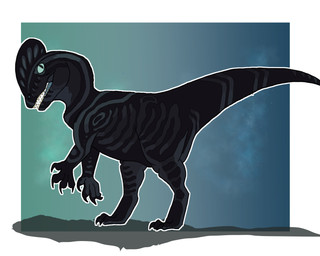 ambiguous_gender biped black_body feet feral green_eyes head_crest neo_night_eyes open_mouth side_view solo standing striped_body stripes talons toes lawkbutt miles.smilodon dilophosaurid dilophosaurus dinosaur prehistoric_species reptile saurischian scalie theropod 5:4 absurd_res hi_res male_(lore)