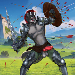 accident accidental_exposure animal_genitalia animal_penis anthro arena areola armor arrow_(weapon) athletic athletic_anthro athletic_male balls blush bottomwear canine_genitalia canine_penis clothed clothing ear_piercing embarrassed erection fingers fur genitals hair holding_melee_weapon holding_object holding_shield holding_sword holding_weapon knot loincloth male medieval medieval_armor melee_weapon nipples outside penis piercing ranged_weapon shield solo standing sword tail teeth topless topless_anthro topless_male unconvincing_armor weapon nekochan002 canid canine canis mammal wolf 1:1 digital_media_(artwork) hi_res