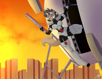 anthro black_hair brown_body brown_fur city city_background clothed clothed_anthro clothing dangerous digital_color female flying fur hair solo sunset weapon stogiegoatarts hanna-barbera swat_kats felina_feral domestic_cat felid feline felis mammal digital_media_(artwork)