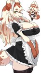 anthro biped breasts brown_body brown_fur cleavage clothed clothing female fingers fur green_eyes heart_symbol heterochromia multicolored_body multicolored_fur open_mouth open_smile pupils red_eyes simple_background smile solo tail tongue white_background white_body white_fur tofffffu soybean_(tofffffu) canid canine fox mammal absurd_res hi_res