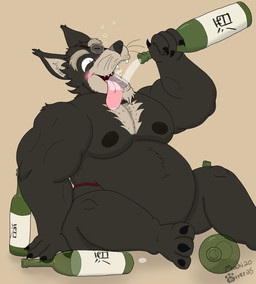 anthro belly blush drinking drunk male moobs nipples overweight overweight_male sitting solo substance_intoxication mochiotter yaiba_(series) jubei_(yaiba) canid canine canis mammal wolf 2025 hi_res