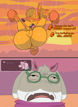 accessory angry anthro anus big_ears boxing_gloves butt clothing cross-popping_vein despair dialogue eyes_closed eyewear falling feet female floating_hands fur genitals glasses ground_pound handwear headband headgear headwear horn horrified legs_up looking_up looming male nude orange_body orange_fur overweight plant scared scarf shortstack shortstack_female simple_background tail text_box thick_thighs vulva saybingryph deltarune undertale_(series) orange_(deltarune) ralsei willem_dafoe bovid caprine elemental_creature flora_fauna goat mammal mouse murid murine rodent seven_flowers absurd_res hi_res